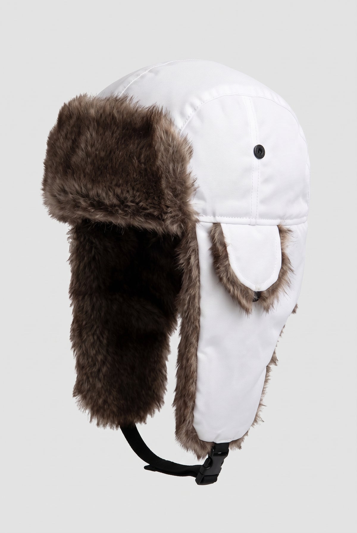 Faux Fur Trapper Hat in White — studio front
