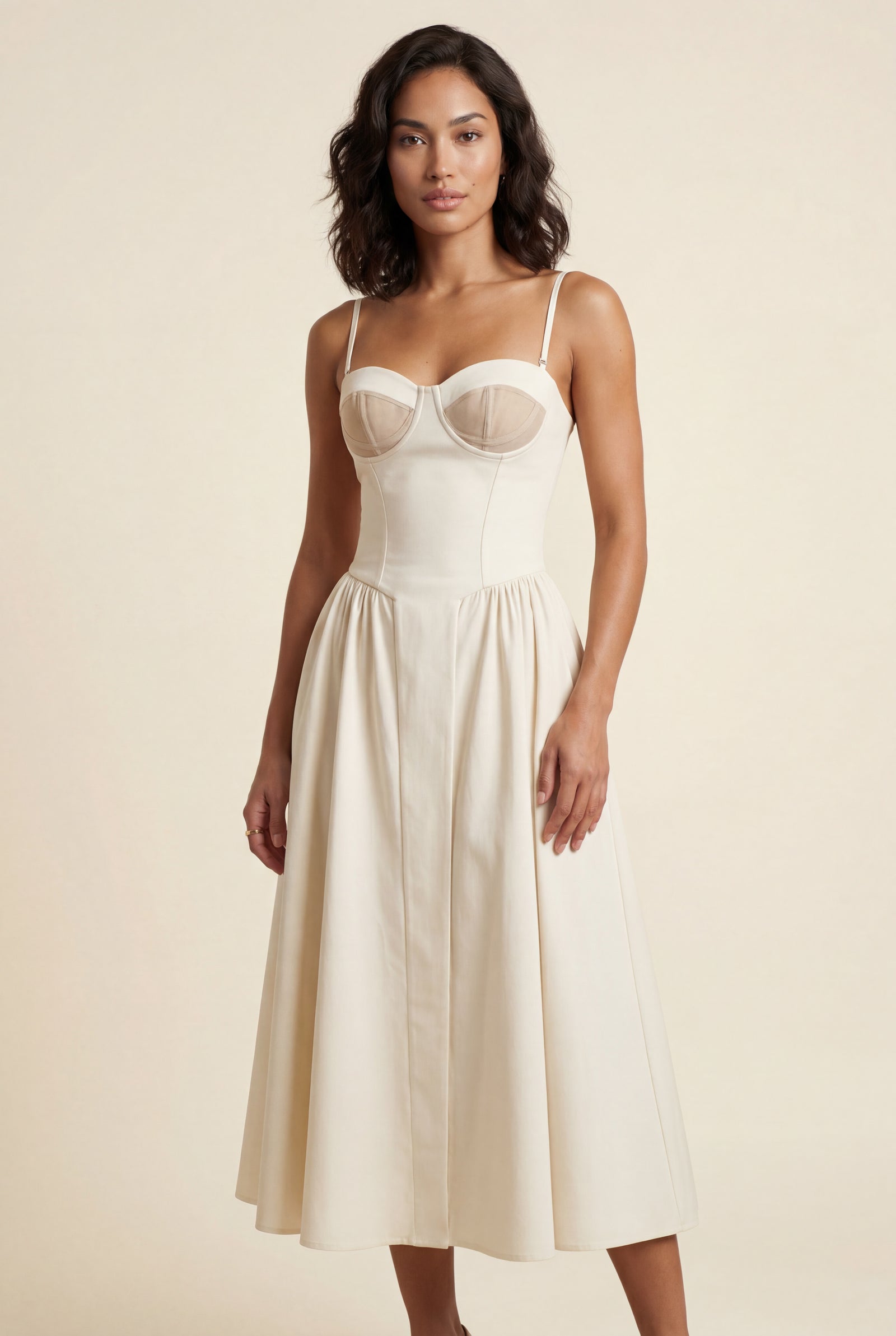 White Floral Corset Bodice Midi Dress with Spaghetti Straps - Photo 4