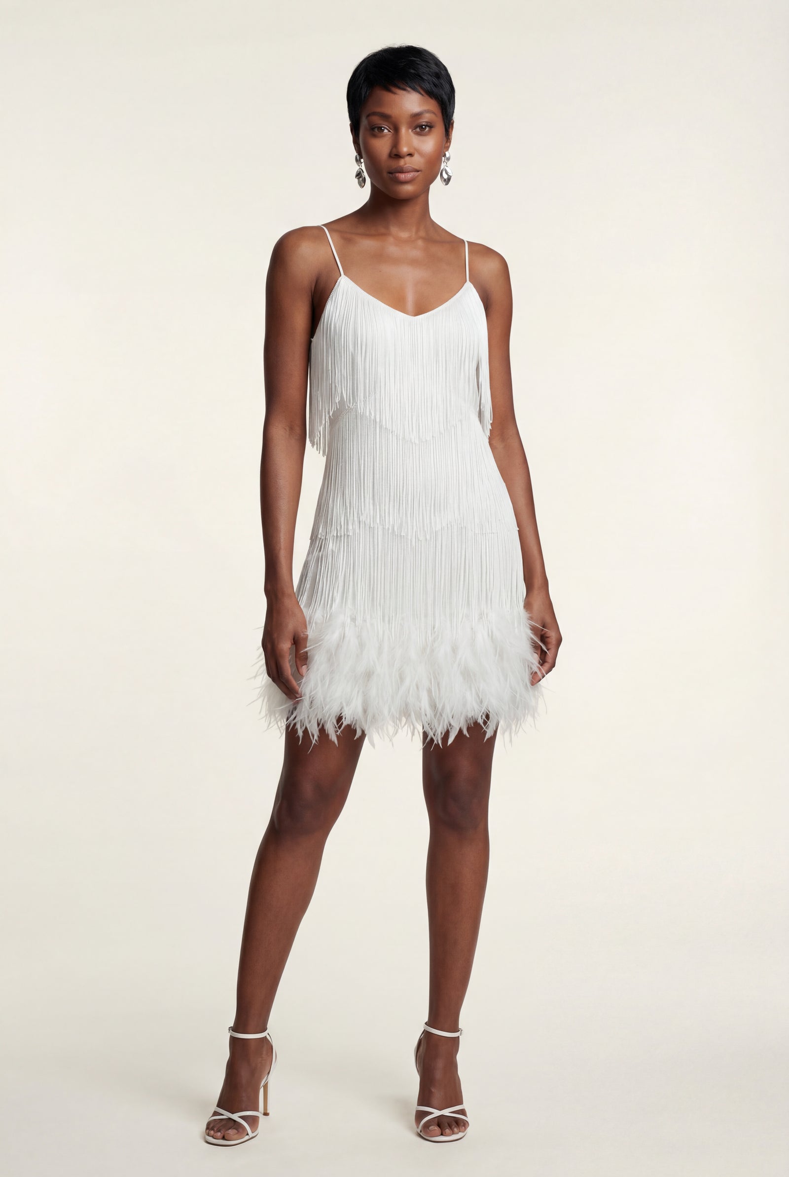 White Fringe Feather-trim Mini Cocktail Dress - Mini dress - Photo 9