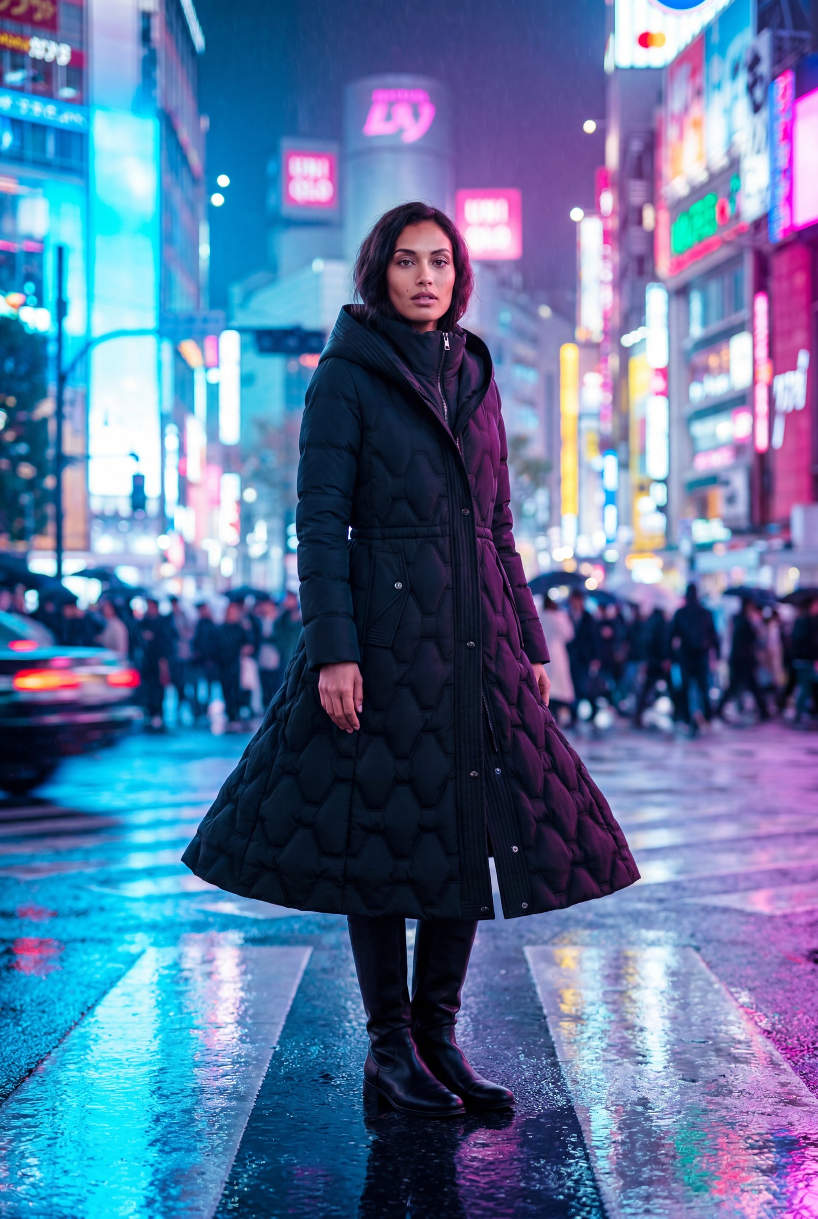 Black Geometric Quilted Calf-length Puffer Coat with Hood - Puffer jackets - Photo 13