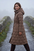 Brown Geometric Quilted Calf-length Puffer Coat with Hood - Puffer jackets - Photo 3