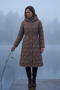 Brown Geometric Quilted Calf-length Puffer Coat with Hood - Puffer jackets - Photo 4