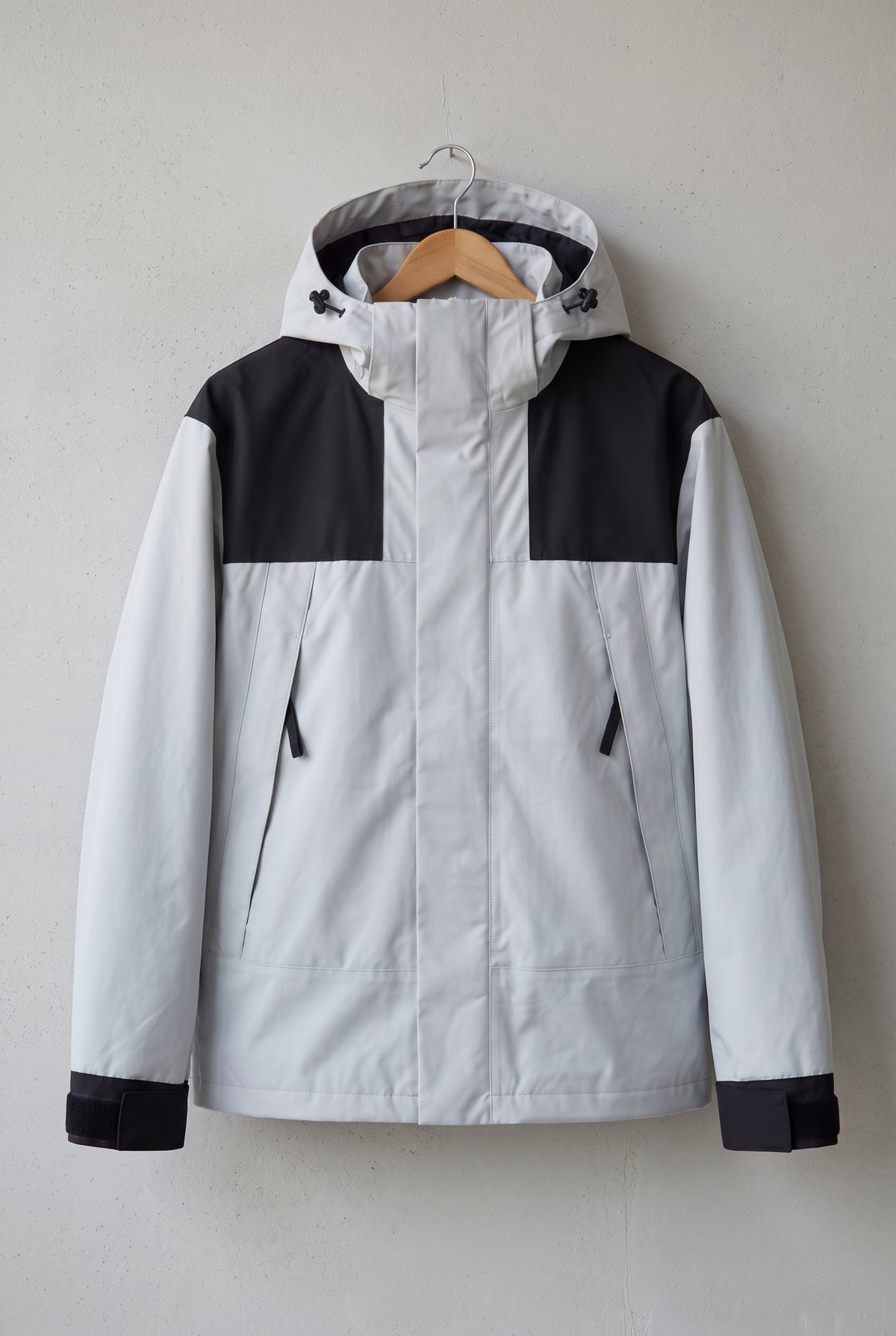 Technical Hooded Ski Jacket in White Gray — studio front
