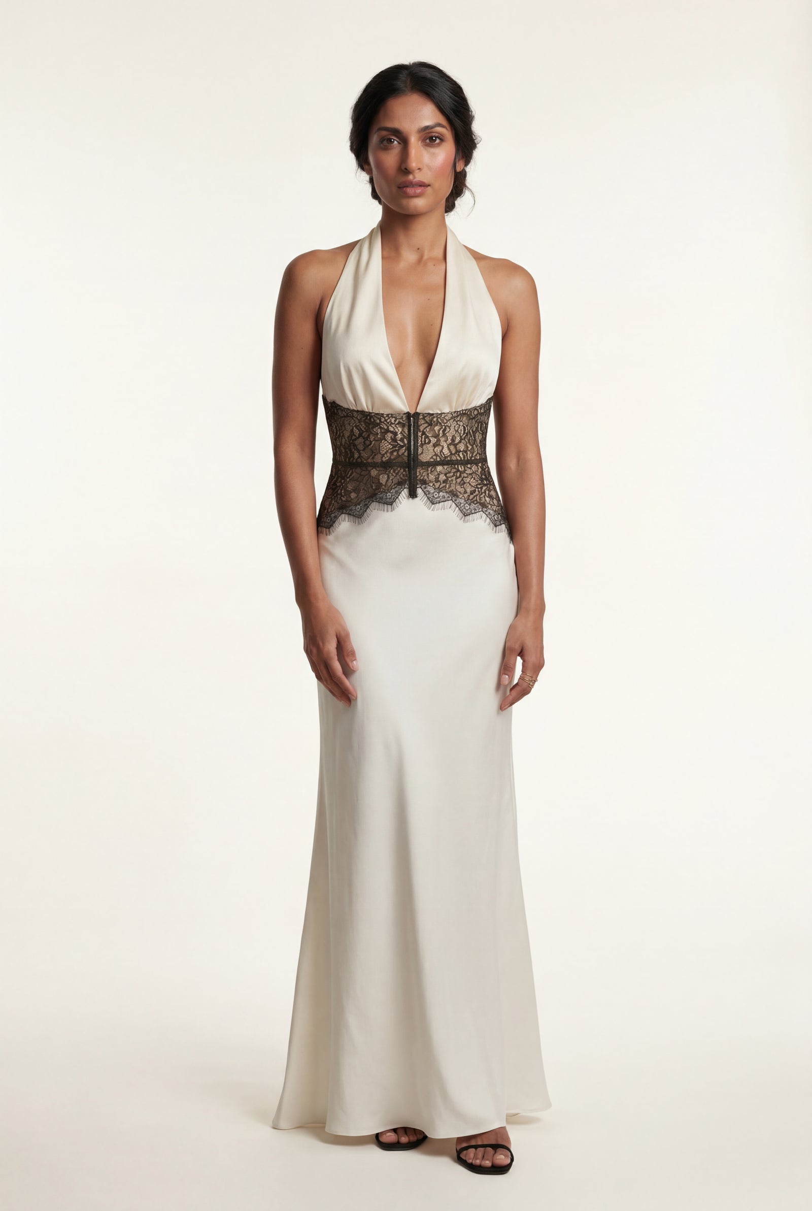 White Halterneck Maxi Dress with Lace Waist and Open Back - Photo 3