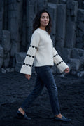 Beige Heart Motif Ribbed Bell Sleeve Sweater - Photo 4