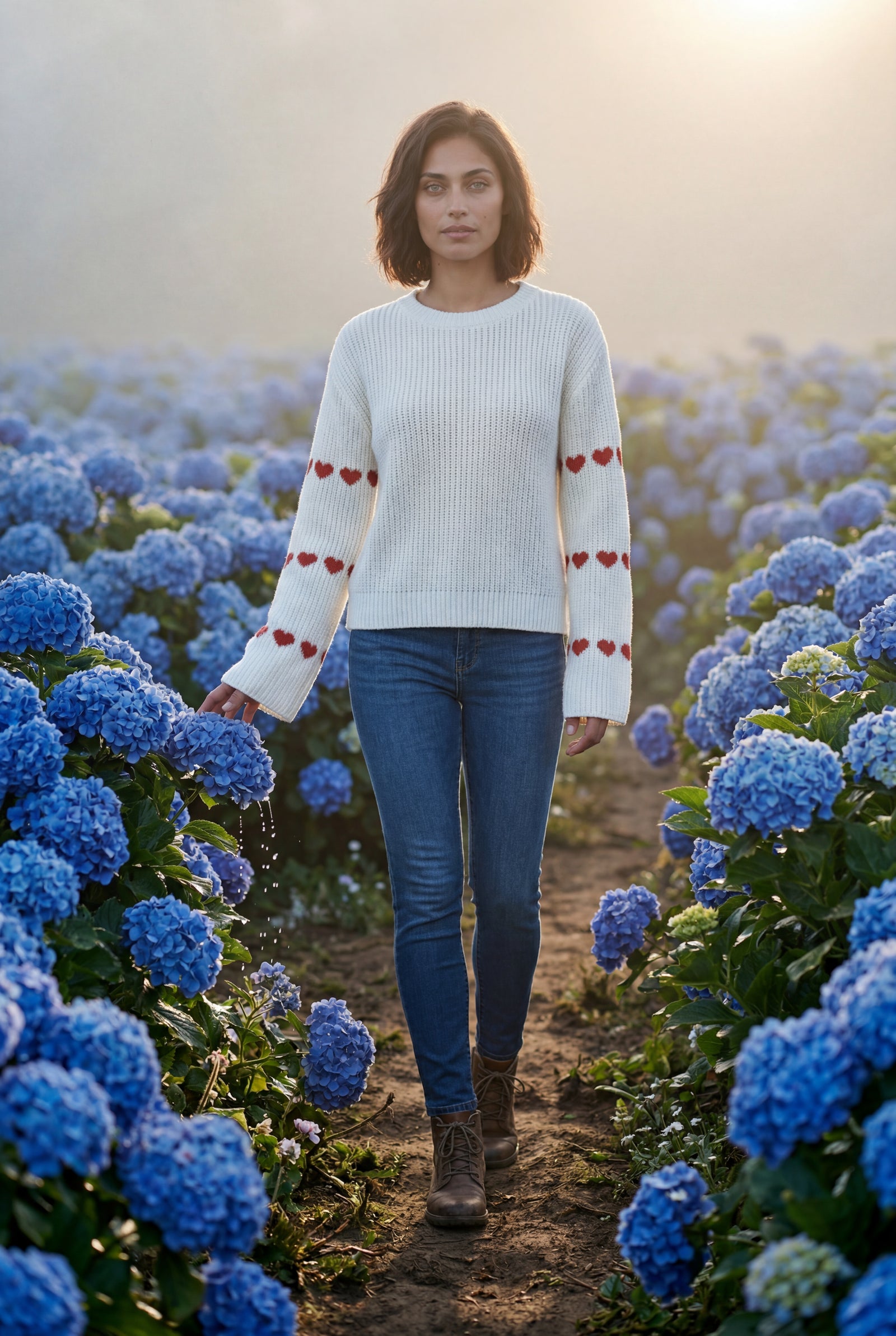 White Heart Motif Ribbed Bell Sleeve Sweater - Photo 7
