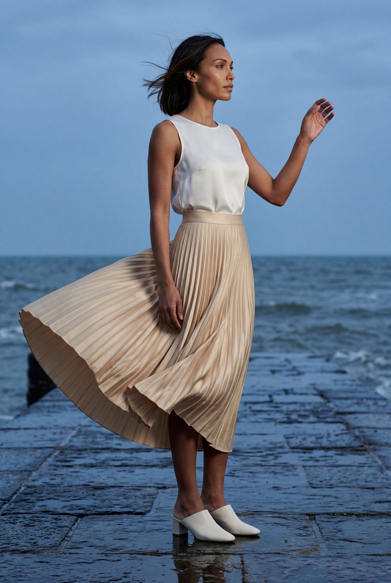 Beige High-waisted A-line Pleated Midi Skirt - Photo 27