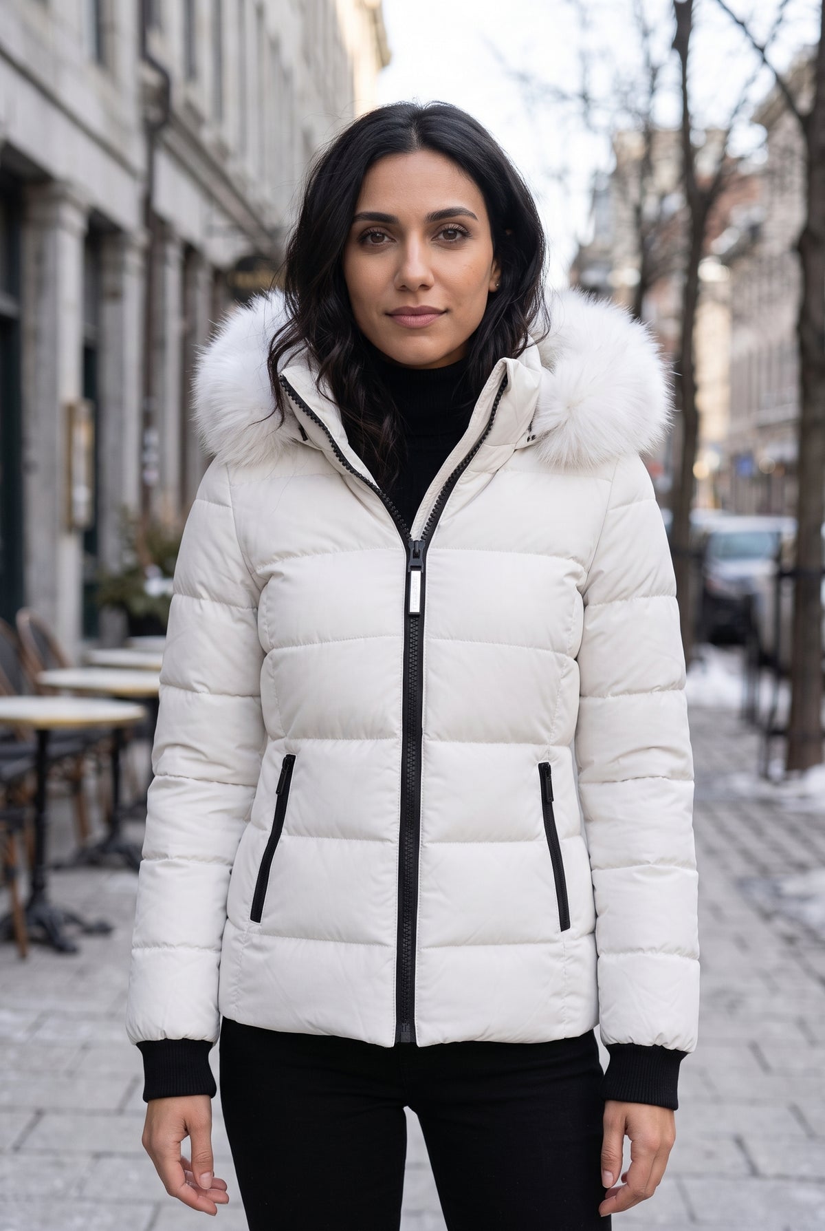 Hooded Faux-Fur Puffer Jacket in White — studio front