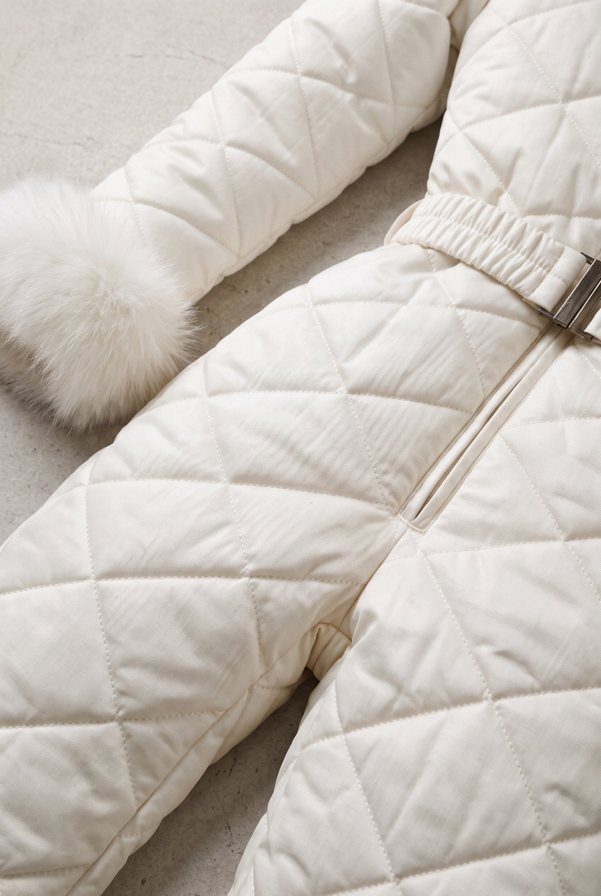 Hooded Snow Suit with Fur Trim in White — studio detail