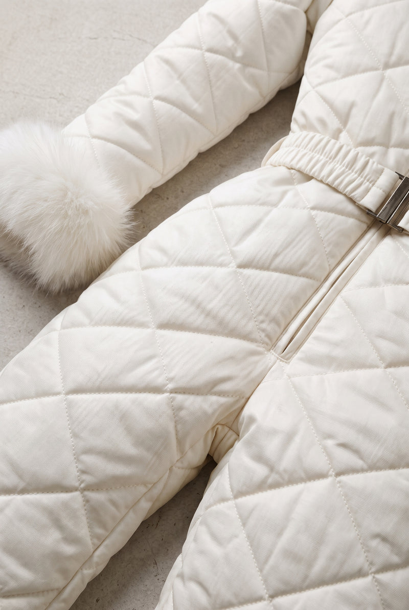 Hooded Snow Suit with Fur Trim in White — studio detail