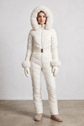 Hooded Snow Suit with Fur Trim in White — studio front