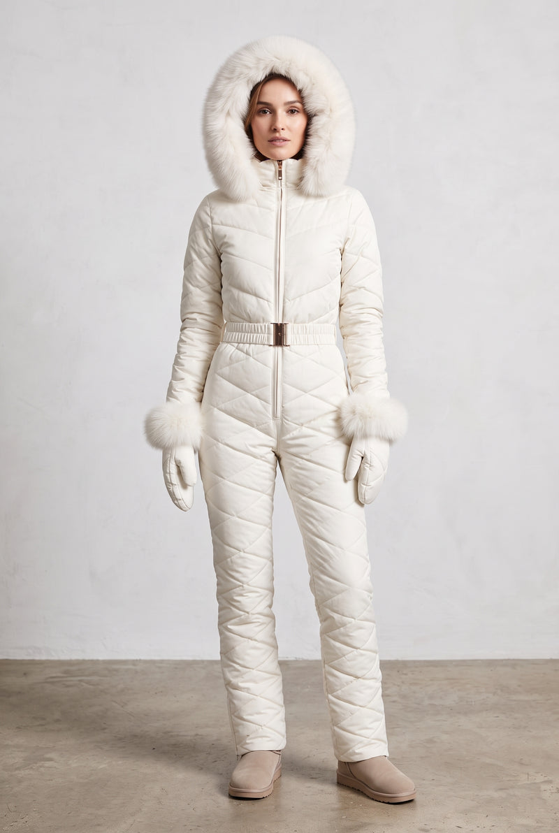 Hooded Snow Suit with Fur Trim in White — studio front