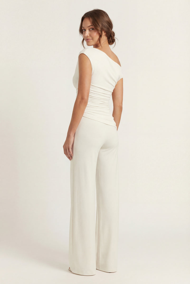 White Ivory Asymmetrical Ruched Top and Wide Leg Pants Set - Off shoulder set - Photo 2
