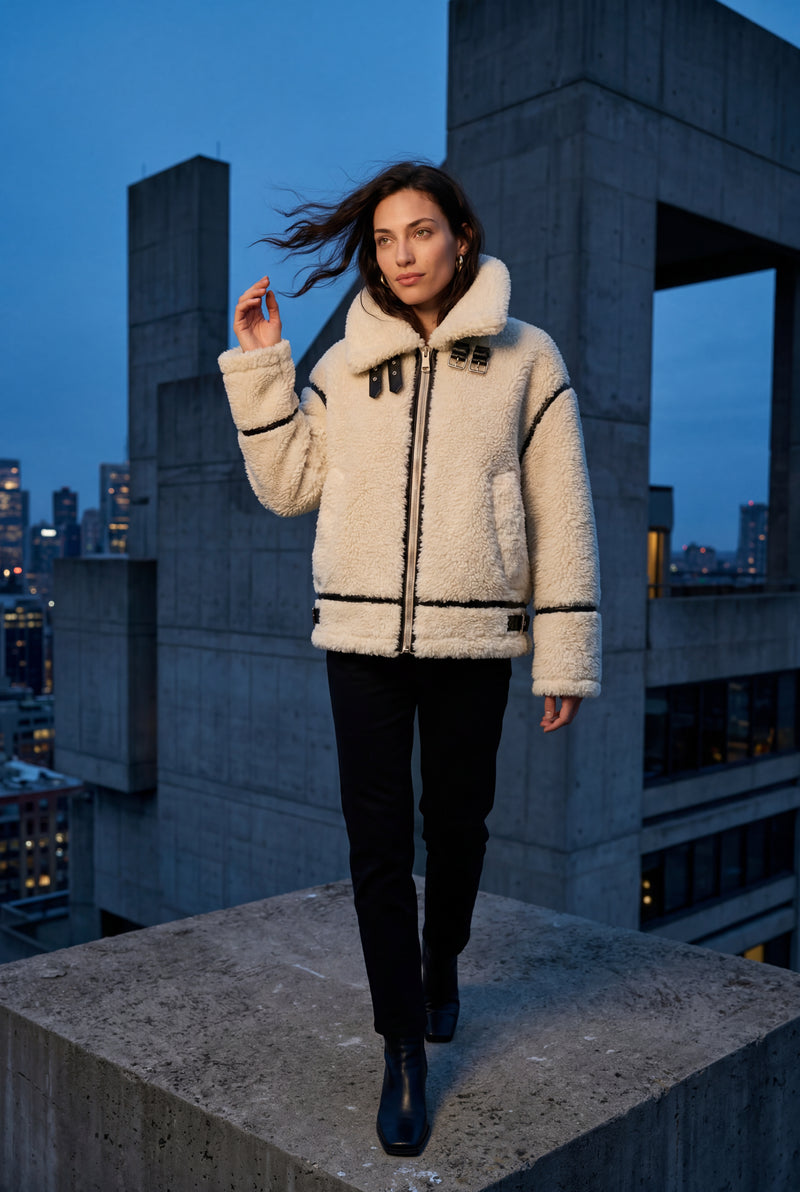 White Ivory Black Contrast Faux Aviator Jacket - Faux fur jacket - Photo 4