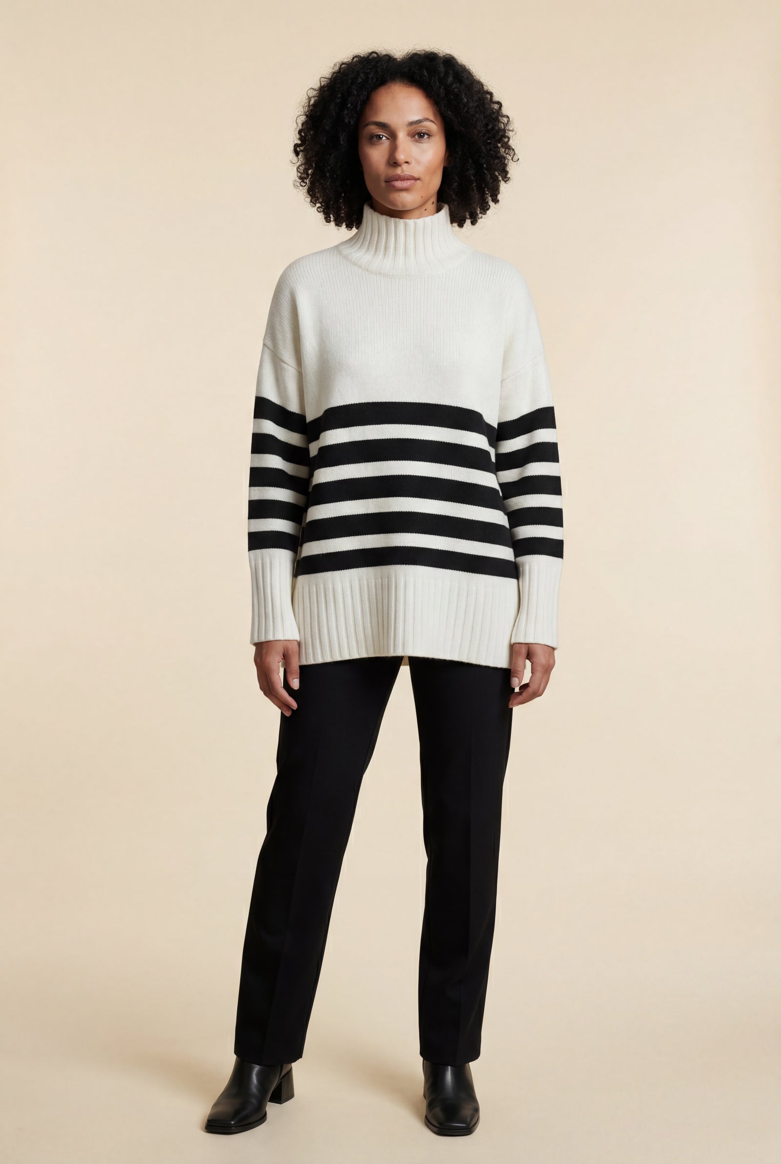White Ivory Black Striped Turtleneck Oversized Knitted Sweater - Photo 1