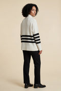 White Ivory Black Striped Turtleneck Oversized Knitted Sweater - Photo 2