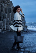 White Ivory Black Striped Turtleneck Oversized Knitted Sweater - Photo 4
