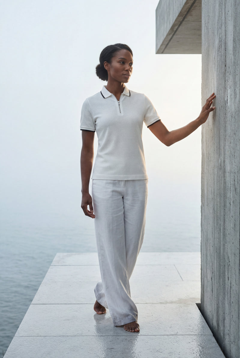 White Ivory Contrast Trim Textured Half Zip Polo Shirt - Half zip polo shirts - Photo 4