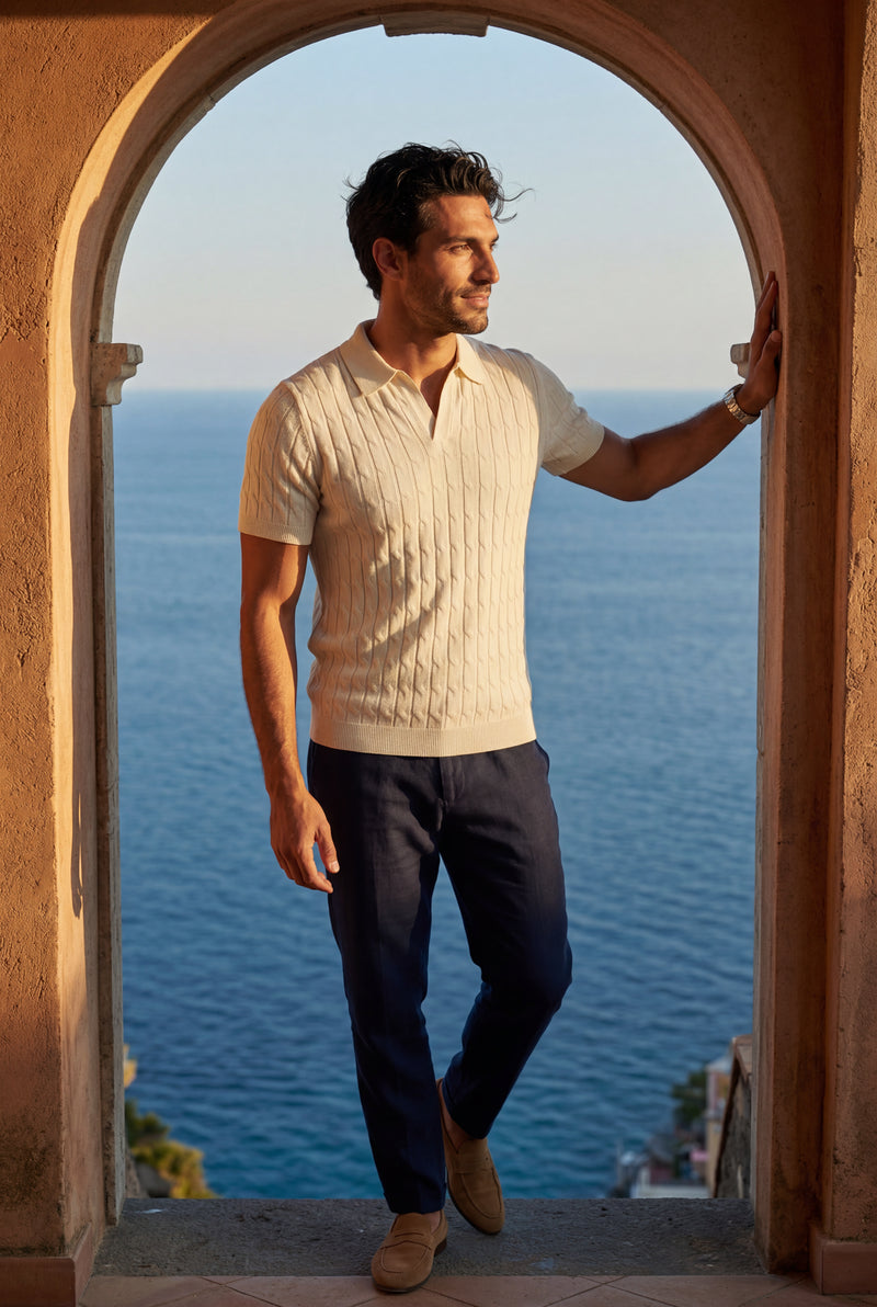 White Ivory Cream Cable Short Sleeve Polo Shirt - Photo 4
