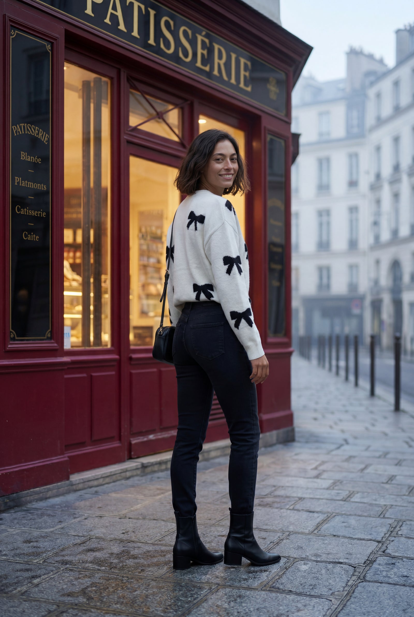 White Ivory Crewneck Sweater with Black Bow Motif - Knitted sweater - Photo 4