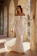 White Ivory Off-shoulder Lace Maxi Gown with Bell Sleeves - Maxi dress - Photo 2