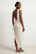 White Ivory One-shoulder Cut-out Draped Maxi Dress with Gold Rings - Summer dress - Photo 2