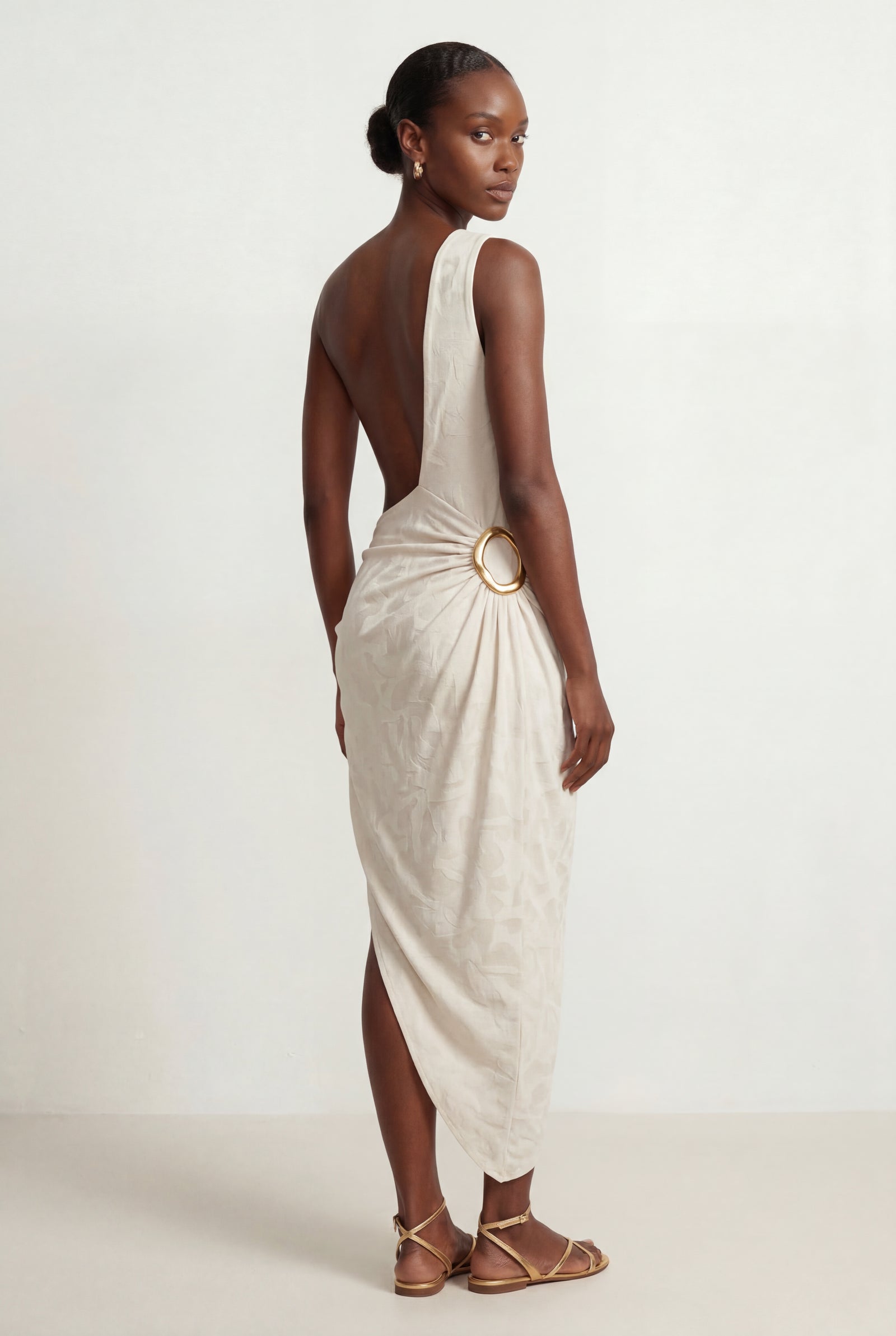 White Ivory One-shoulder Cut-out Draped Maxi Dress with Gold Rings - Summer dress - Photo 2