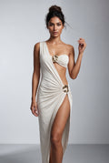 White Ivory One-shoulder Cut-out Draped Maxi Dress with Gold Rings - Summer dress - Photo 7