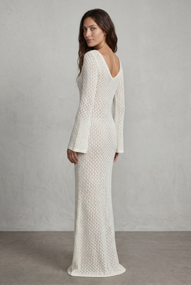 White Ivory Open Crochet Maxi Dress with Hook-and-eye Detail - Photo 2