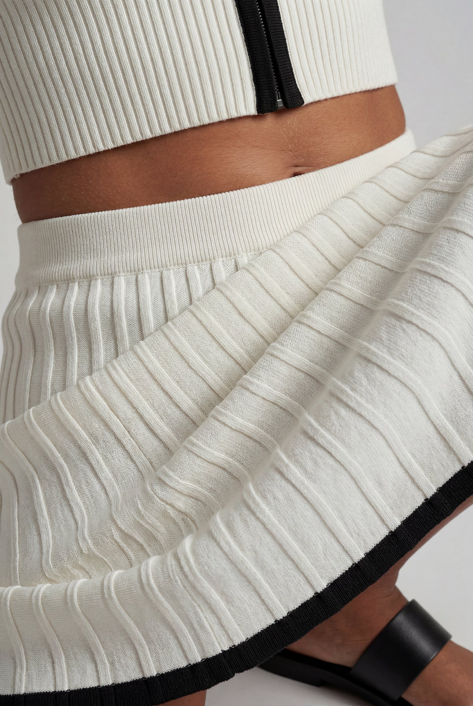 White Ivory Ribbed Button-up Crop Top and Pleated Midi Skirt Set - Knit set - Photo 3