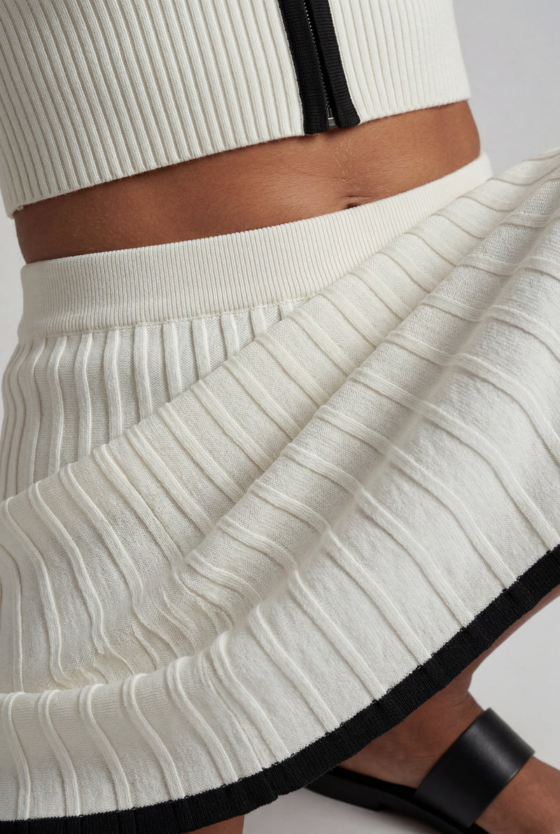 White Ivory Ribbed Button-up Crop Top and Pleated Midi Skirt Set - Knit set - Photo 3