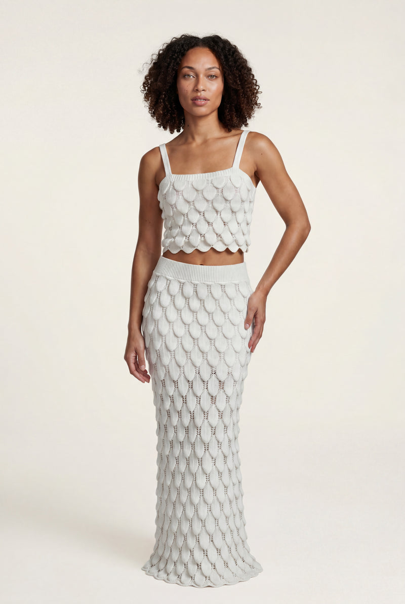 White Ivory Scallop-texture Two Piece Set Maxi Skirt - Photo 1