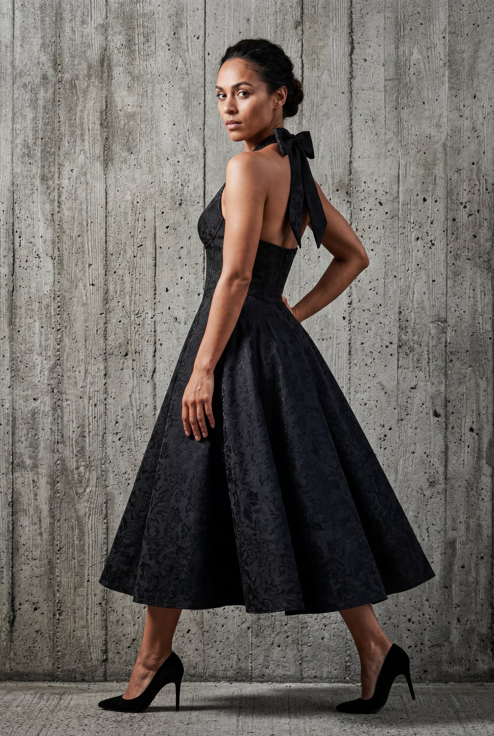 Black Jacquard Halter Corset Bodice A-line Midi Dress - A-line dress - Photo 13