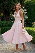 Pink Jacquard Halter Corset Bodice A-line Midi Dress - A-line dress - Photo 8