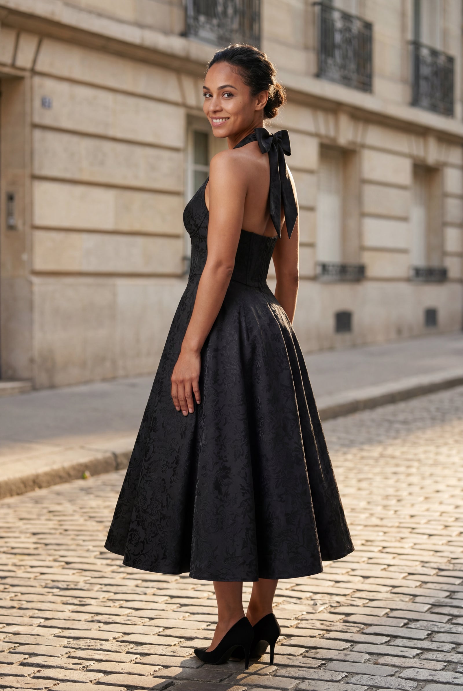 Black Jacquard Halter Corset Bodice A-line Midi Dress - A-line dress - Photo 9