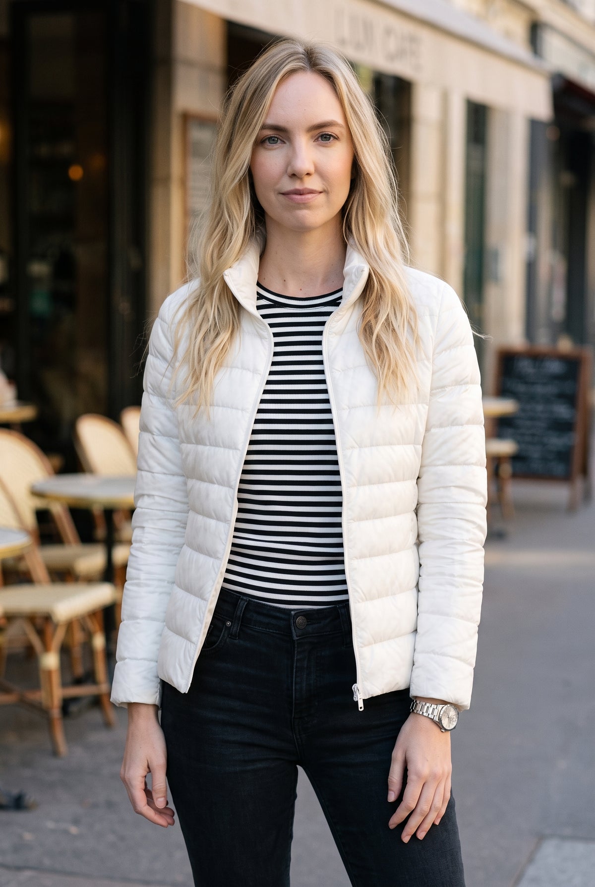 Lightweight Quilted Puffer Jacket in White — studio front