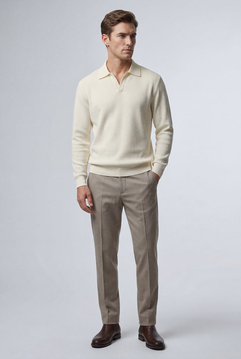 White Long Sleeve Buttonless Polo Shirt with Modern Tailored Fit - Long sleeve polo shirts - Photo 3