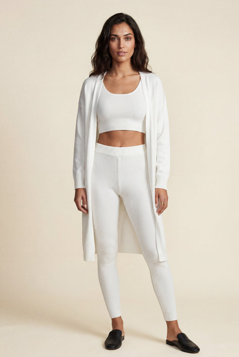 White Longline Cardigan 3-piece Ribbed Loungewear Set - Photo 1