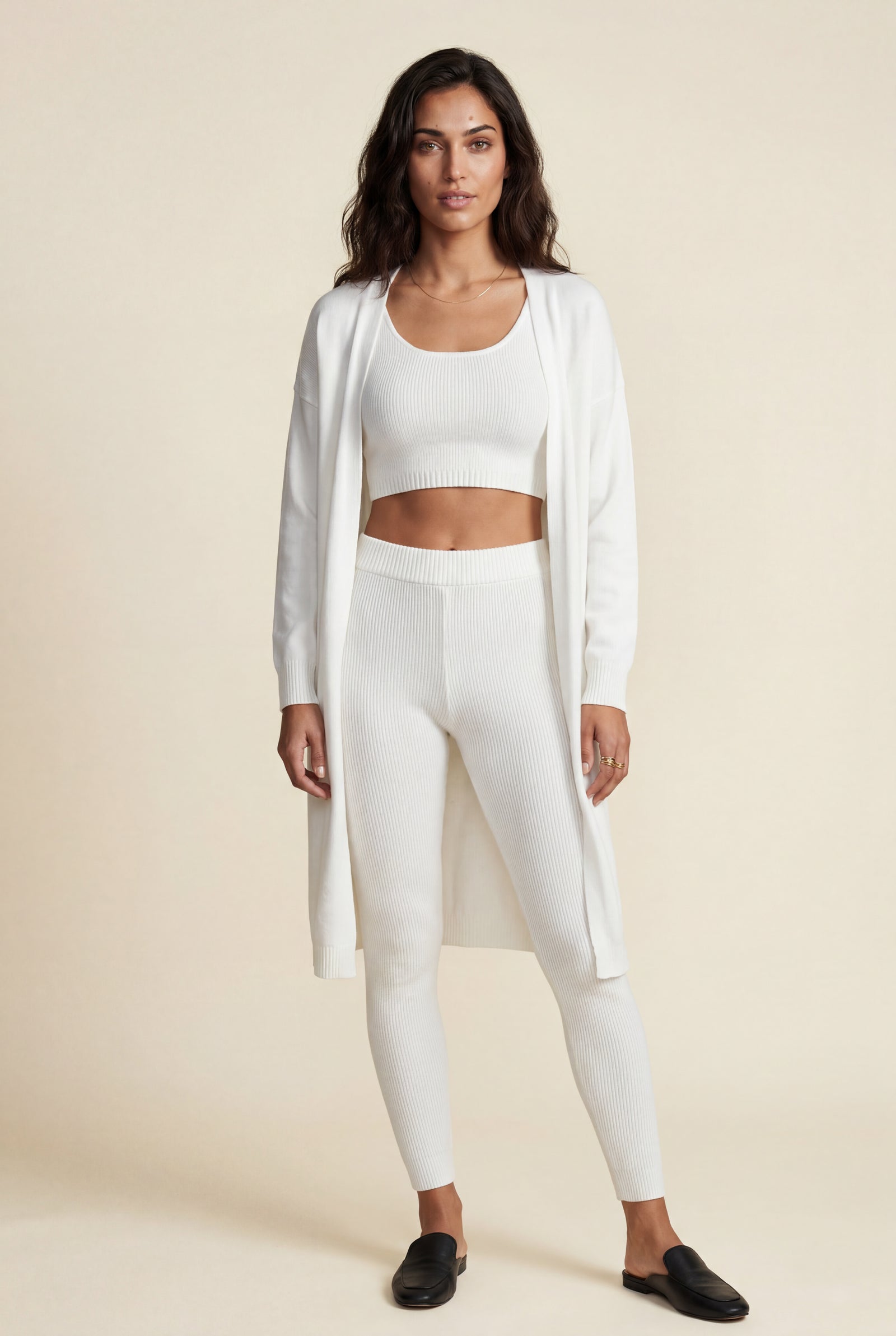 White Longline Cardigan 3-piece Ribbed Loungewear Set - Photo 1