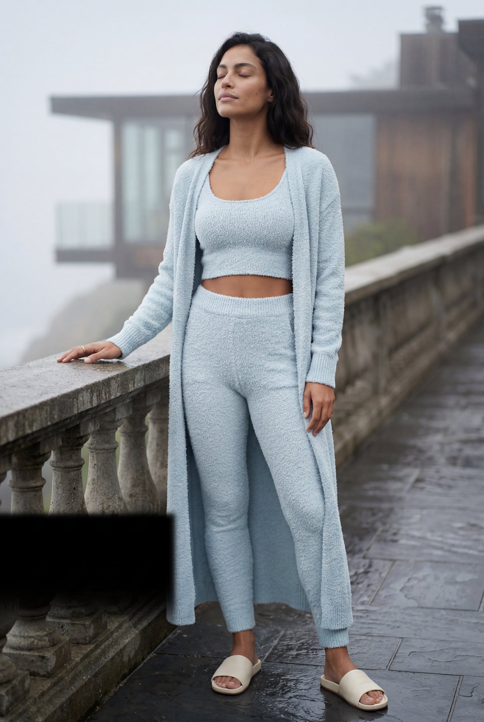 Blue Longline Cardigan 3-piece Ribbed Loungewear Set - Photo 11