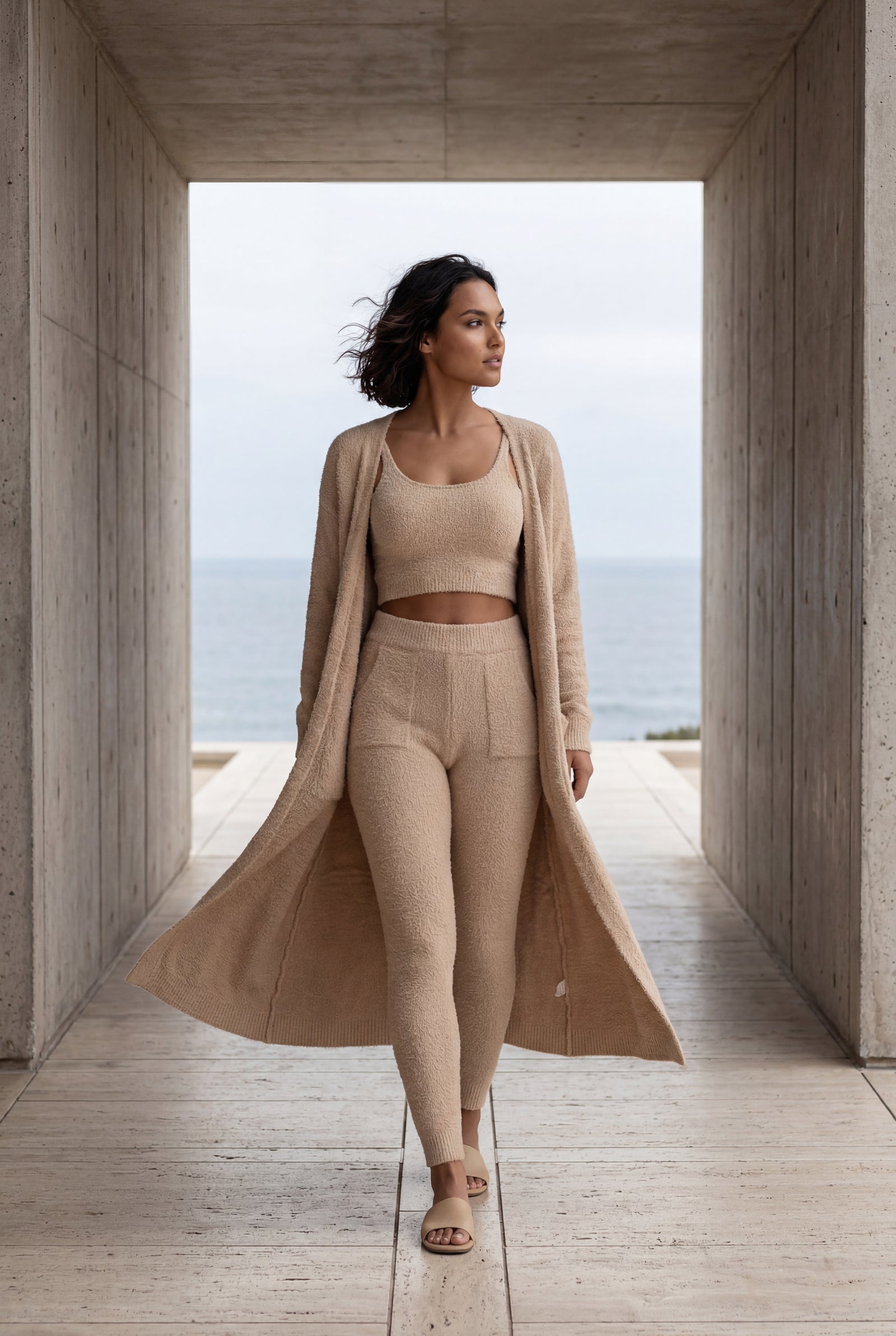 Sand Beige Longline Cardigan 3-piece Ribbed Loungewear Set - Photo 19