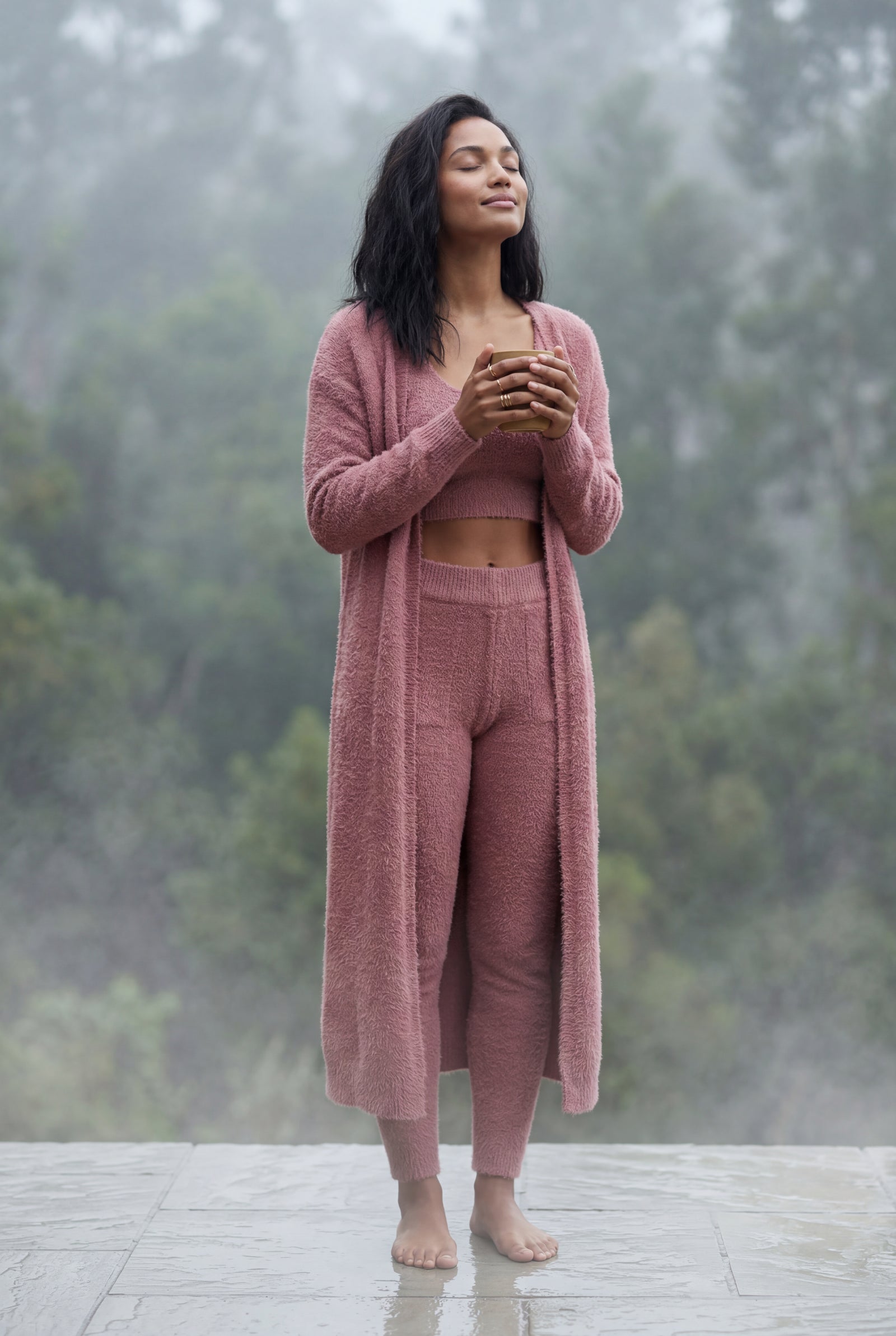 Pink Longline Cardigan 3-piece Ribbed Loungewear Set - Photo 20