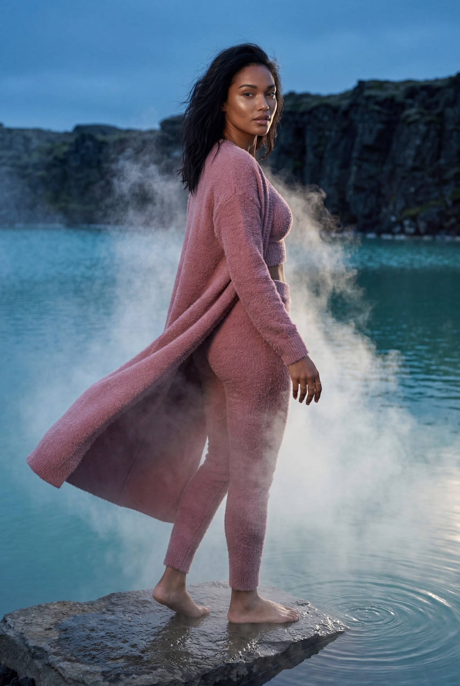 Pink Longline Cardigan 3-piece Ribbed Loungewear Set - Photo 21