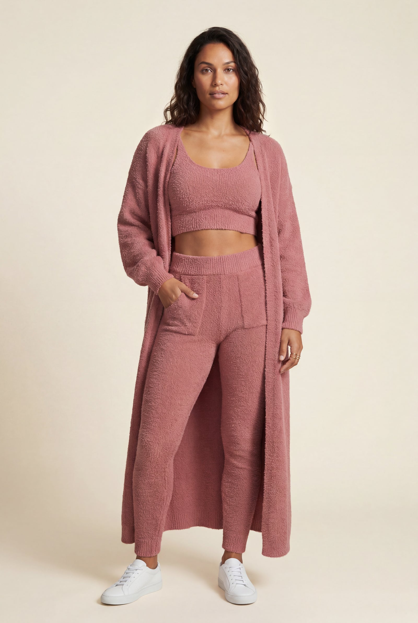 Pink Longline Cardigan 3-piece Ribbed Loungewear Set - Photo 5