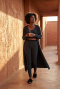 Black Longline Cardigan 3-piece Ribbed Loungewear Set - Photo 9