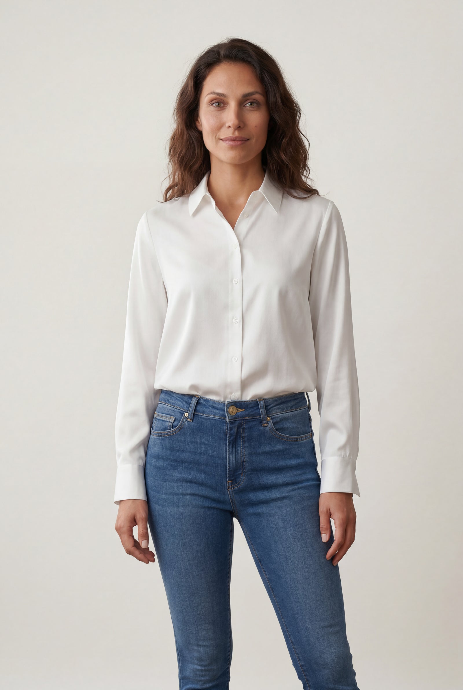 White Lustrous Tailored Long Sleeve Button-up Blouse - Blouses - Photo 11