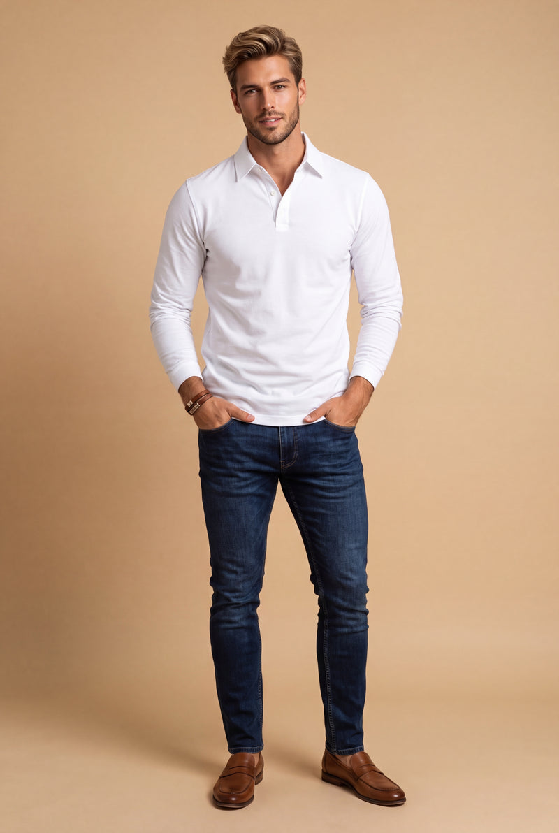 Men Polo Shirt Long Sleeve Slim Fit in White — studio primary