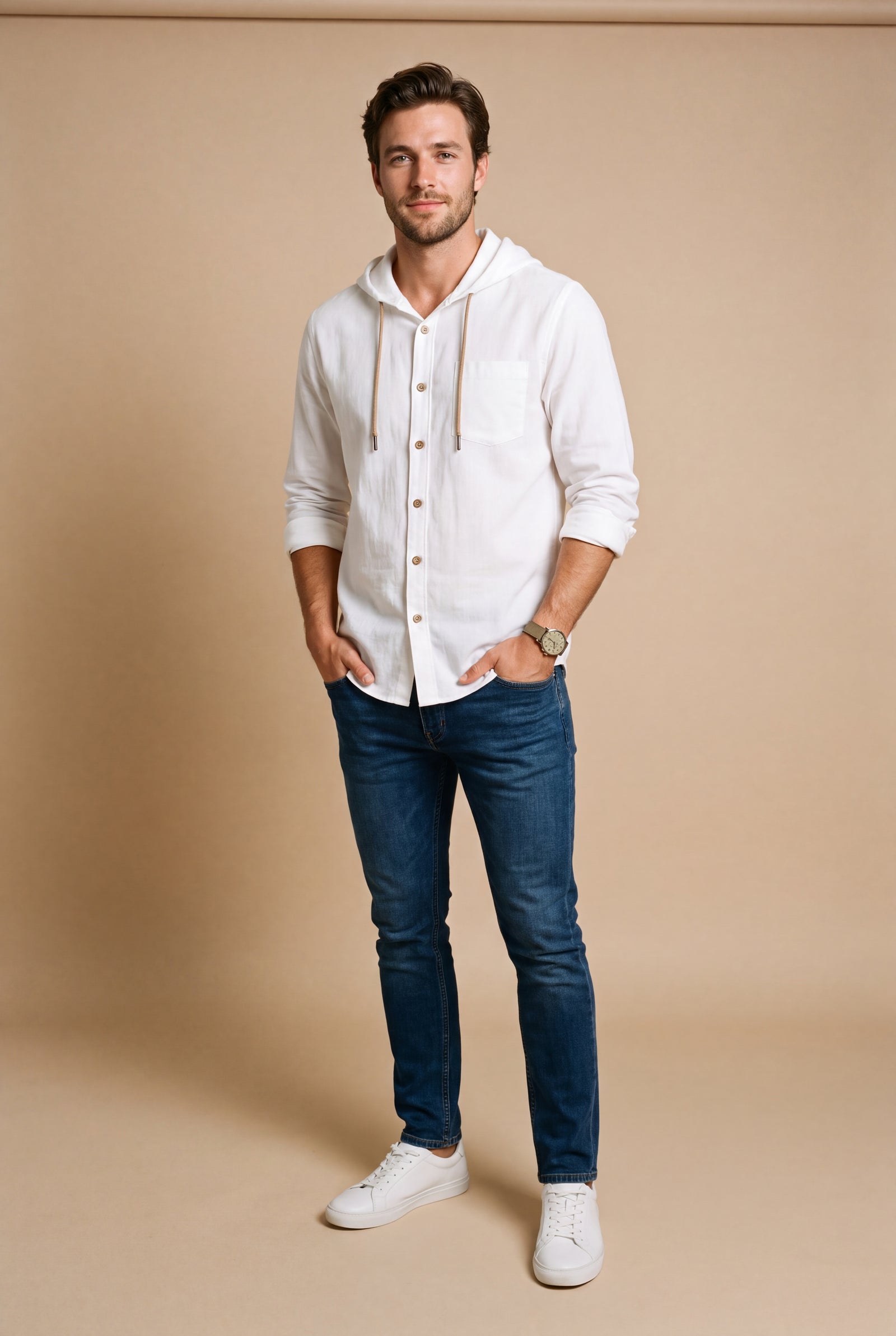Men's Hooded Shirt Buttoned in White — primary studio