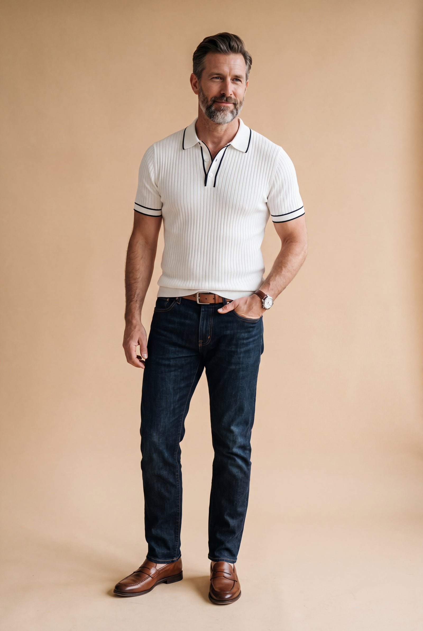 Men's Polo Shirt Color-Blocked Short Sleeve in White — studio front