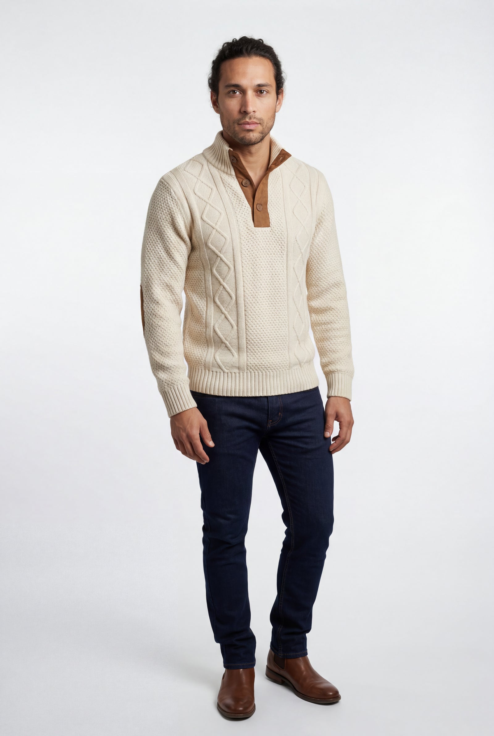 White Men's Cable Pullover Sweater with Elbow Patches - Photo 10